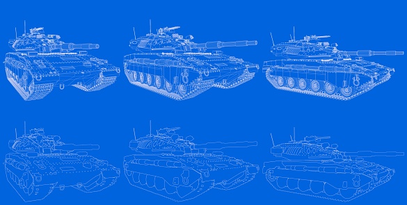 Military 3D Illustration of blue print schema - outlined isolated 3D miltary tank with not real design, detailed patriotism concept