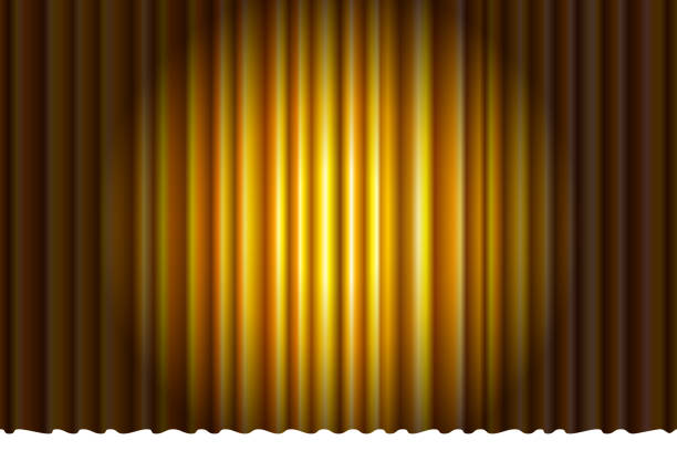 istock Closed luxury gold theater curtain with many shadow stage background spotlight beam illuminated. Theatrical velvet fabric drapes stage opening ceremony show. Vector gradient illustration 1206144431