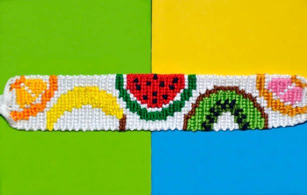 istock Fruit pattern of braided bracelet handmade of thread on bright three colors background 1206144468