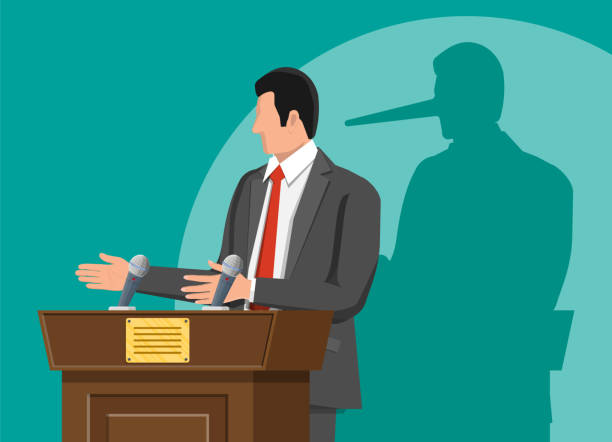 Businessman with long nose shadow on wall. Businessman with long nose shadow on wall. Orator speaking from tribune. Public speaker. Liar, lying people in business. Cheat, fraud, scam, hoax and crime. Vector illustration in flat style bluff stock illustrations