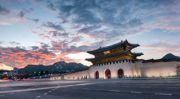 istock Sunset over Gwanghwamun gate, Seoul, South Korea. ( Sign board text is 