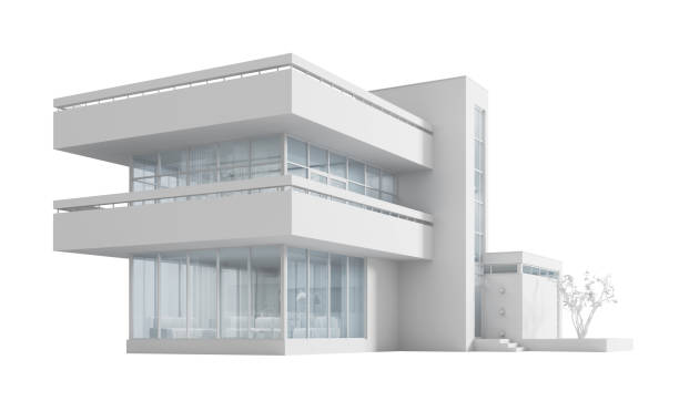 istock Project of a modern cottage house in white materials with daylight on a white background.3D illustration. 3D render. Stock illustration. 1206146500
