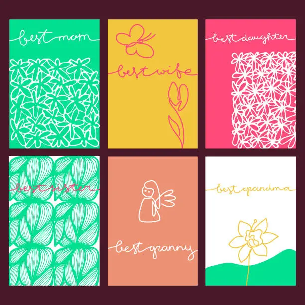 Vector illustration of Set of six colorful cards with flowers, leaves pattern, angel and text. Vector A5 format templates for greeting cards, posters, banners. Best mom, best sister, best wife, daughter, granny, grandma.
