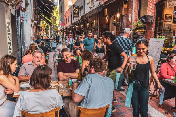 Hardware Lane in Melbourne Melbourne, Victoria, Australia, January 25, 2020: Hardware Lane in Melbourne, Australia is a popular tourist area filled with cafes and restaurants featuring al fresco dining. outdoor dining photos stock pictures, royalty-free photos & images