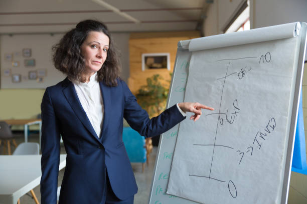 istock Confident female speaker standing near whiteboard 1206153589