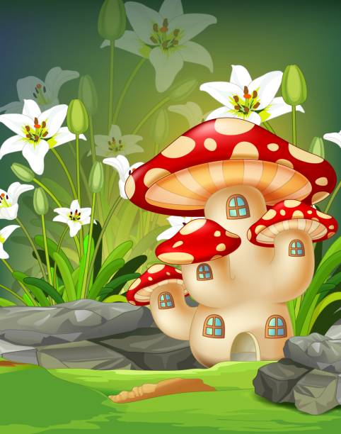 Beautiful Forest View With Mushroom House White Ivy Flower And Rocks Cartoon  Stock Illustration - Download Image Now - iStock