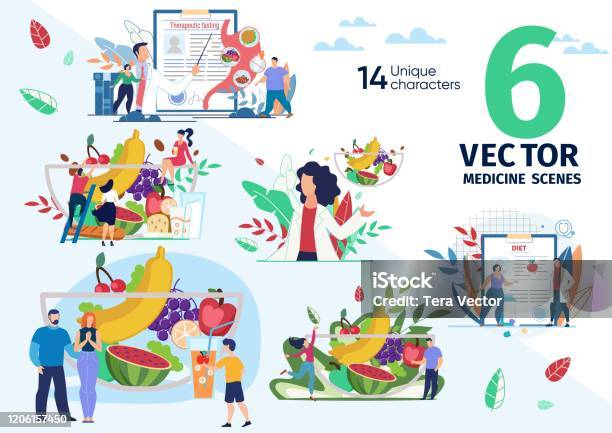 Healthy Nutrition And Dieting Vector Scenes Set - Arte vetorial de stock e mais imagens de Alimentação Saudável - Alimentação Saudável, Nutricionista, Comida