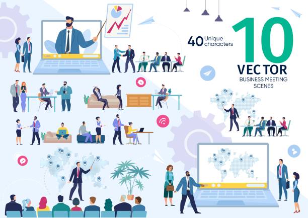Businesspeople Office Meeting Vector Scenes Set Business Company Employees Team Life Scenes and Work Situations, Office Meeting, Project Strategy Presentation, Investors Negotiation, Planning Expansion Concepts Trendy Flat Vector Illustrations Set business meeting stock illustrations