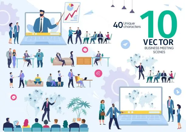 Vector illustration of Businesspeople Office Meeting Vector Scenes Set