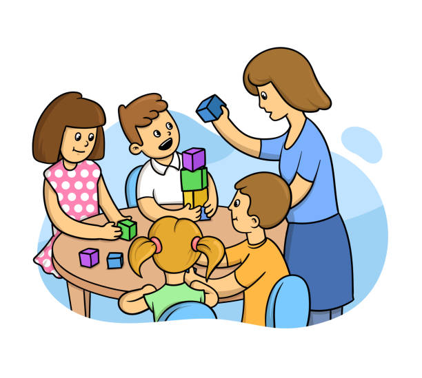 ilustrações, clipart, desenhos animados e ícones de crianças brincando de blocos de construção com professor na sala de aula. lições de desenvolvimento no jardim de infância ou clube de educação. ilustração vetorial de estilo plano isolada em fundo branco. - craft block togetherness community