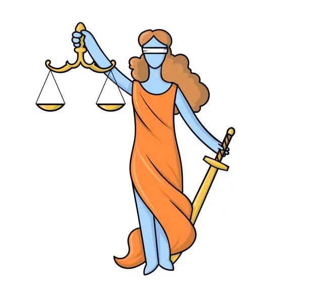 Vector illustration of Themis or Justice - goddess of order and law in Ancient Greece. Greek and Roman mythical character with blindfold, sword, and scales. Flat cartoon vector illustration.