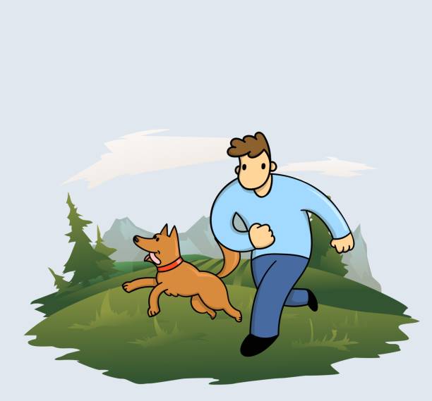 ilustrações, clipart, desenhos animados e ícones de homem de desenho animado treinando seu cão engraçado em floresta e montanhas de fundo. homem e cachorro brincando juntos. ilustração vetorial plana. - men jogging running sports training