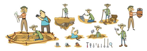 Archaeology, paleontology and treasure hunting, archaeologists on excavation site. Set of cartoon caracters and tools. Flat cartoon vector illustration. Isolated on white background. Archaeology, paleontology and treasure hunting, archaeologists on excavation site. Set of cartoon characters and tools. Flat cartoon vector illustration, isolated on white background. paleontologist stock illustrations