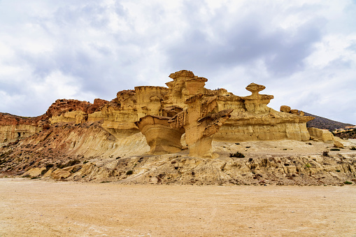 View of the rock formations Erosions of Bolnuevo, Las Gredas, Mazarron. Murcia, Spain. Wind and sun can be great sculpture artists.