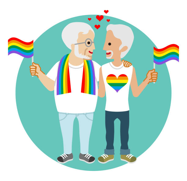 ilustraciones, imágenes clip art, dibujos animados e iconos de stock de pareja gay senior sosteniendo banderas arco iris - imagen de concepto de desfile lgbt clipart - rainbow gay pride homosexual homosexual couple