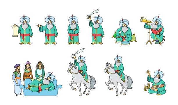 Fairytale Sultan Dressed In Green Robe In Various Poses Set Of Cartoon  Characters Flat Vector Illustration Isolated On White Background Stock  Illustration - Download Image Now - iStock