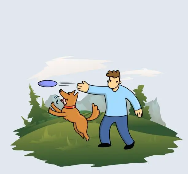 Vector illustration of Cartoon man training his funny dog on forest and mountains background. Man and dog playing frisbee together. Flat vector illustration.