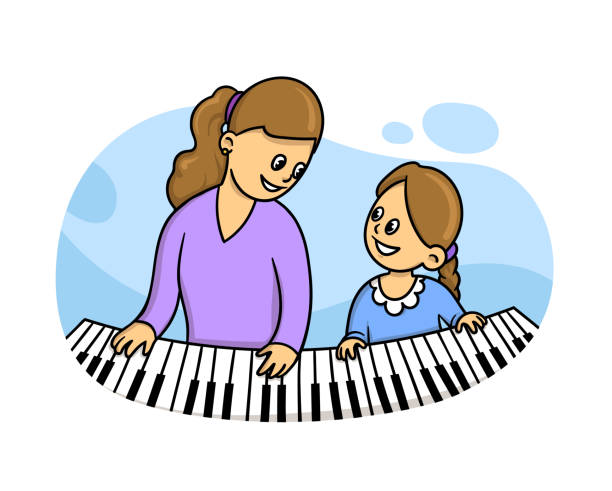 illustrazioni stock, clip art, cartoni animati e icone di tendenza di ragazza seduta al pianoforte con il suo insegnante per una lezione di musica. illustrazione vettoriale in stile piatto isolata su sfondo bianco. - musical instrument people music young adult