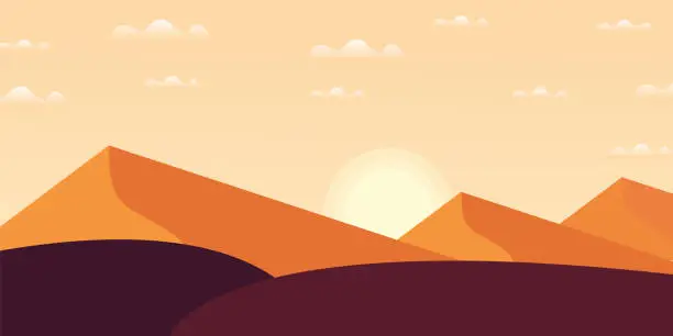 Vector illustration of Gold desert in sunset. Sand dunes. Landscape design vector illustration. Middle East desert mountains sandstone background. Sand in nature
