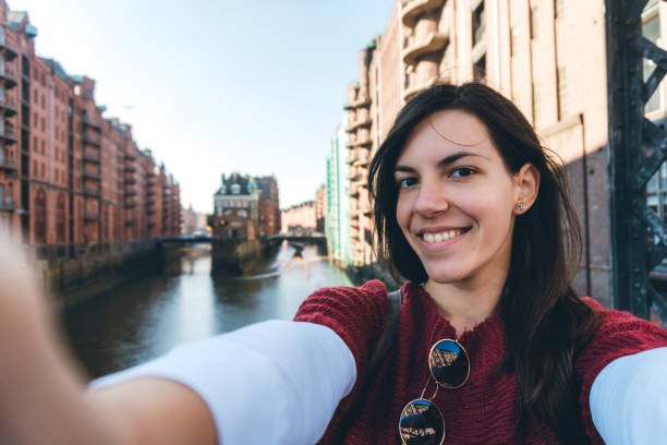 istock Woman making selfie in Hamburg old town 1206165603
