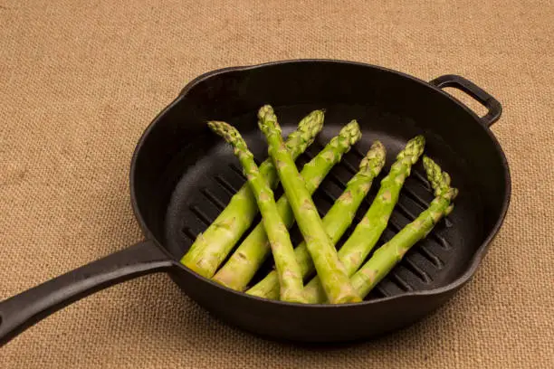 Photo of Green asparagus source of dietary fiber in cooking pan