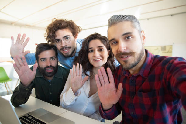 istock Smiling friends posing for self portrait 1206166511