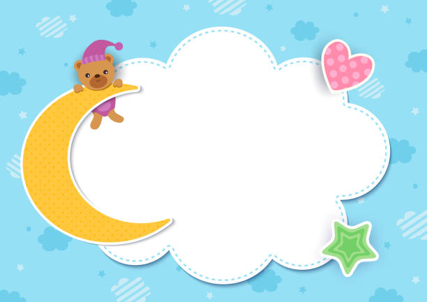 sweet-dream-bear-moon Illustration vector of baby shower template design with bear on the moon design with cloud frame and on blue sky background. bedroom borders stock illustrations