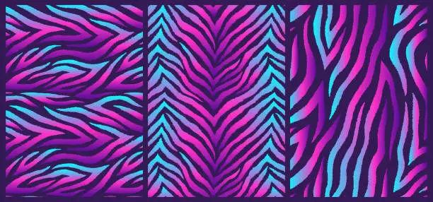 Vector illustration of Set of abstract vector backgrounds with holographic wavy design. Polar lights. Neon fluid vibrant gradient blurs.