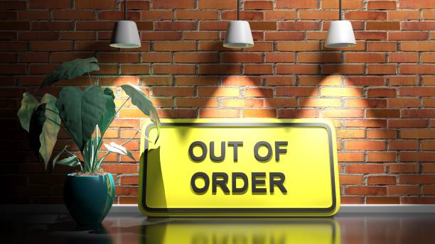Yellow sign OUT OF ORDER at red bricks wall - 3D rendering illustration