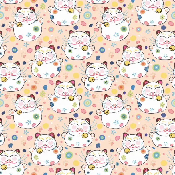 Vector illustration of Asian lucky cat floral seamless pattern.