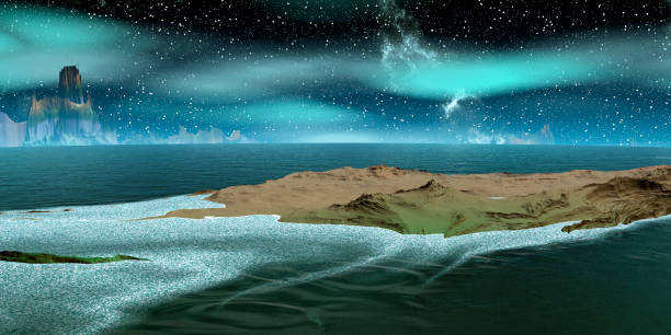 istock Alien Planet. Mountain and lake. 3D rendering 1206177295