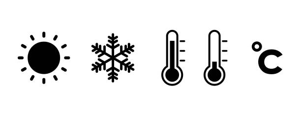 Weather and temperature icons set (black) Weather and temperature icons set (black) white background sign snow winter stock illustrations