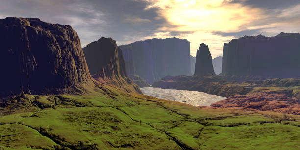 istock Alien Planet. Mountain and lake. 3D rendering 1206177424
