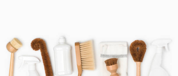 istock Brushes, detergent bottles and cloth for natural cleaning with space 1206177461