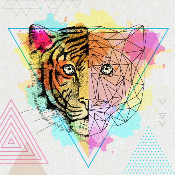 istock Hipster animal realistic and polygonal tiger on artistic watercolor background 1206177564
