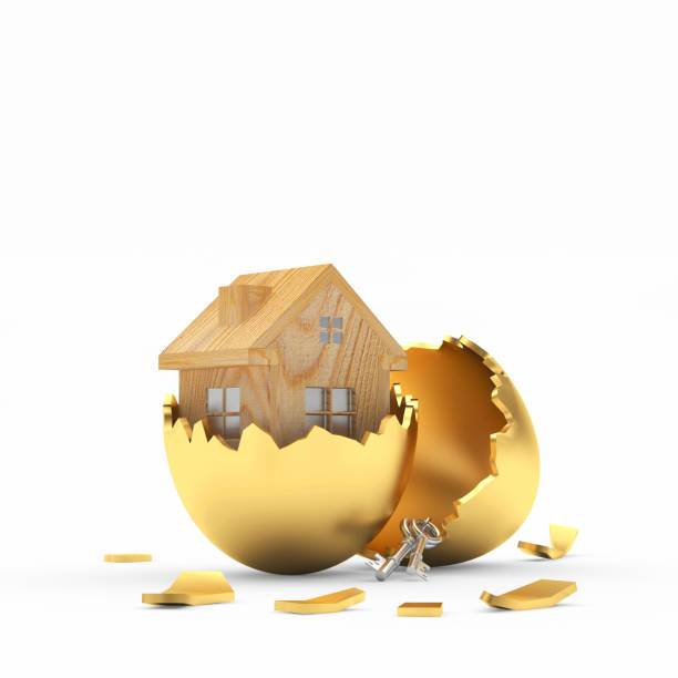 istock Wooden house icon on broken golden Easter egg shell 1206177629