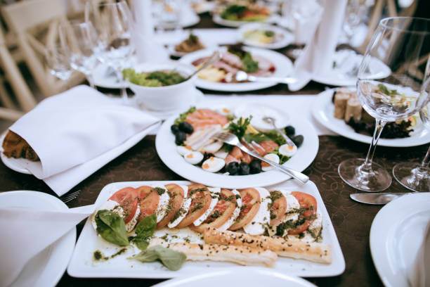 istock Food on the table for dinner at a restaurant at a wedding party. Table set 1206183717