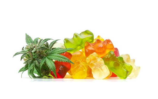 Gummy Bear Medical Marijuana Edibles (CBD or THC Candies) with Cannabis Bud Isolated on White Background A pile of gummy bears made with cannabis extract next to a fresh bud or hemp flower. These medical marijuana edibles contain CBD and THC and are isolated on a white background. cannabis gummy bears stock pictures, royalty-free photos & images
