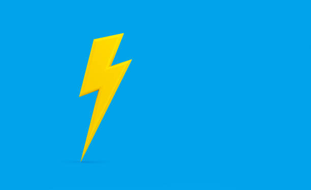 yellow bolt icon on blue background - star shape flash imagens e fotografias de stock