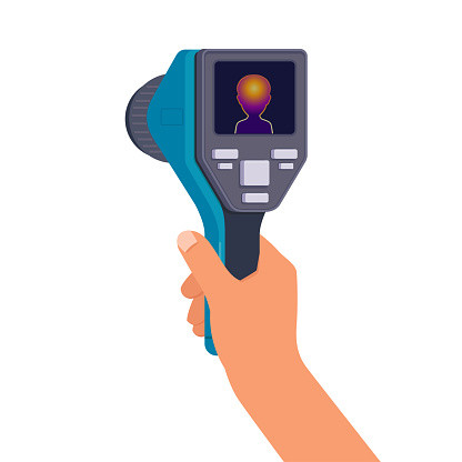 Man s hand holds a thermal imaging camera. Flat vector illustration on white background