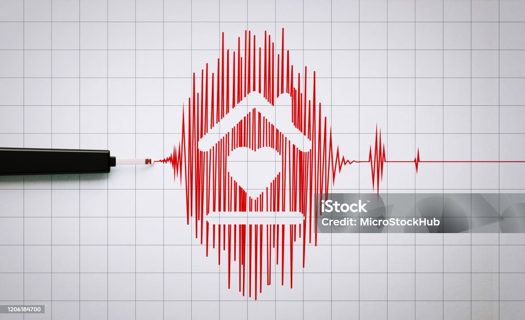 Seismograph Recording an Earthquake Activity on Grid Paper Seismograph recording seismic activity and house shape on paper. Horizontal composition with copy space. Earthquake concept. Earthquake Stock Photo