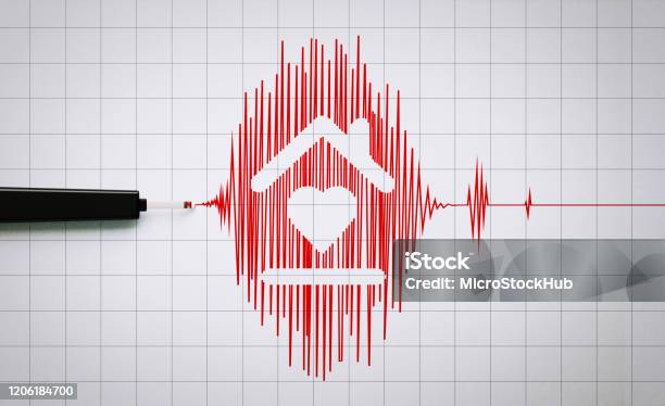 Seismograph Recording An Earthquake Activity On Grid Paper Stock Photo - Download Image Now