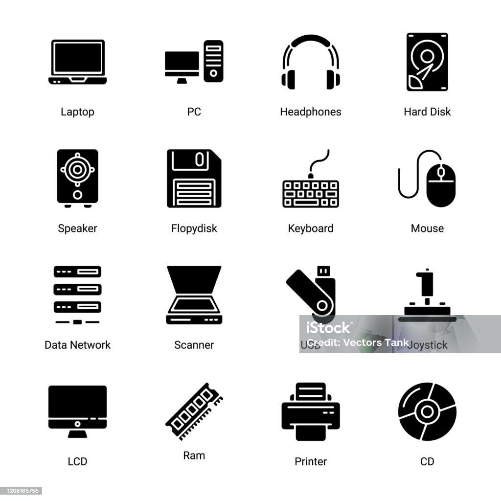 Computer Hardware Vector With Names Computer And Hardware Stock Illustration - Download Image Now - Black ...