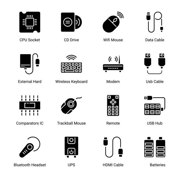 Computer and Hardware Computer and Hardware Glyph Icons, Solid, Vector ups power supply stock illustrations