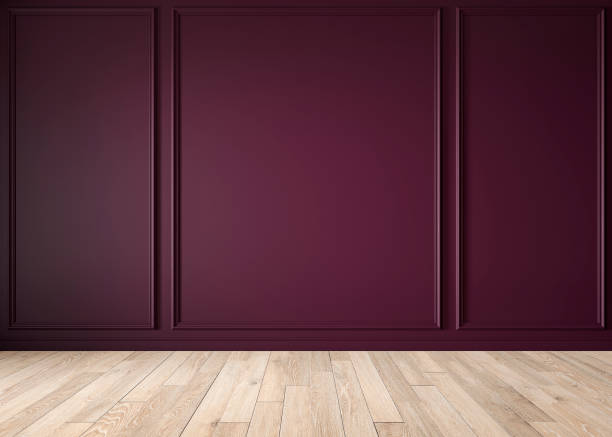 istock Modern classic purple, matte, blank wall, molding, empty interior with wall panels and wooden floor. 3d render illustration mock up. 1206188149