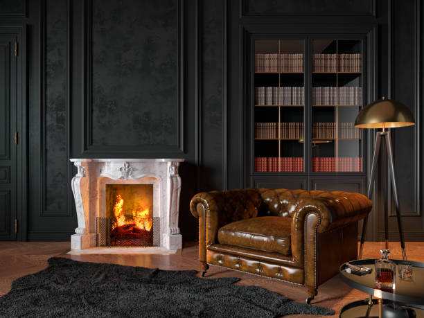 Black classic interior with armchair, moldings, fireplace, floor lamp, carpet, books, coffee table and decor. 3d render illustration mockup. Black classic interior with armchair, moldings, fireplace, floor lamp, carpet, books, coffee table and decor. 3d render illustration mockup. classical style stock pictures, royalty-free photos & images