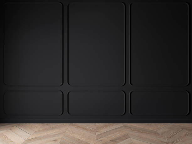 istock Modern classic black matte, baroque, blank wall, molding, empty interior with wall panels and wooden floor. 3d render illustration mock up. 1206188576