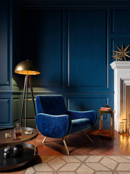 klassische royalblaue farbe interieur mit sessel, kamin, kerze, stehlampe, teppich. 3d render-illustration mock up. - innenarchitekt stock-fotos und bilder