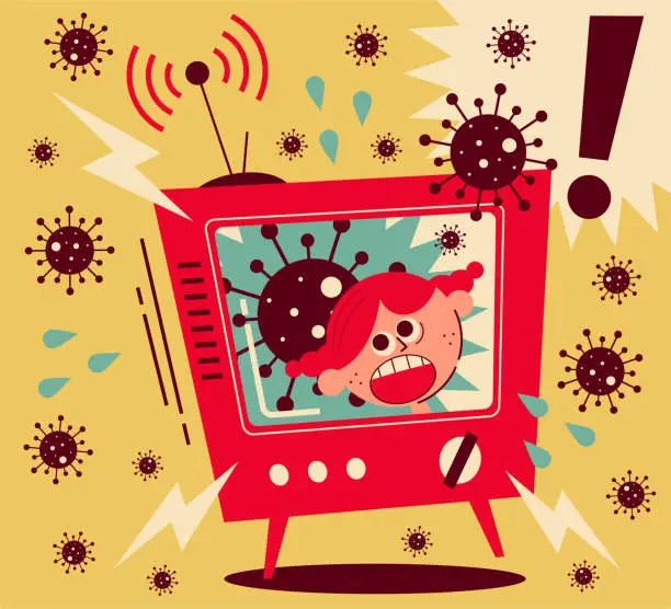 Vector illustration of Coronavirus news arouses much fear, girl screaming on TV