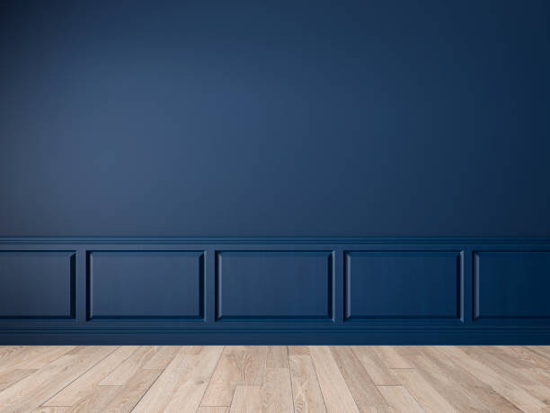 istock Classic royal blue trend color, blank wall interior with wall panel, moldings, parquet, wood floor. 3d render illustration mock up. 1206189498